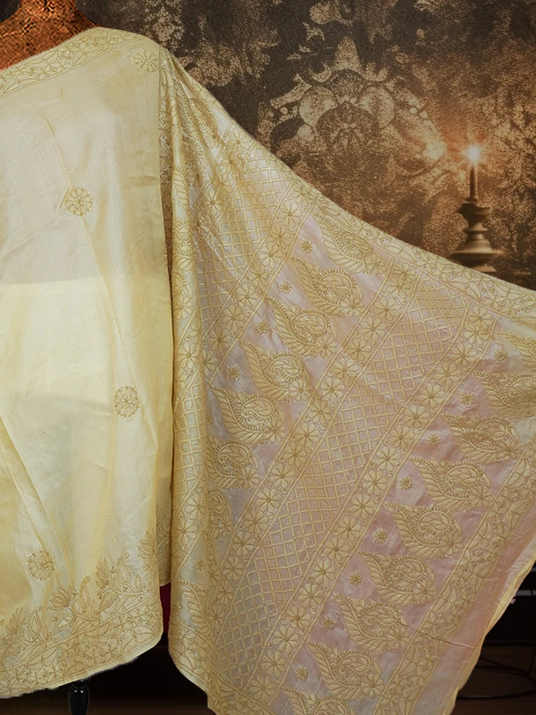 Ada Hand Embroidered Fawn Silk Lucknowi Chikankari Saree With Blouse 01A591732