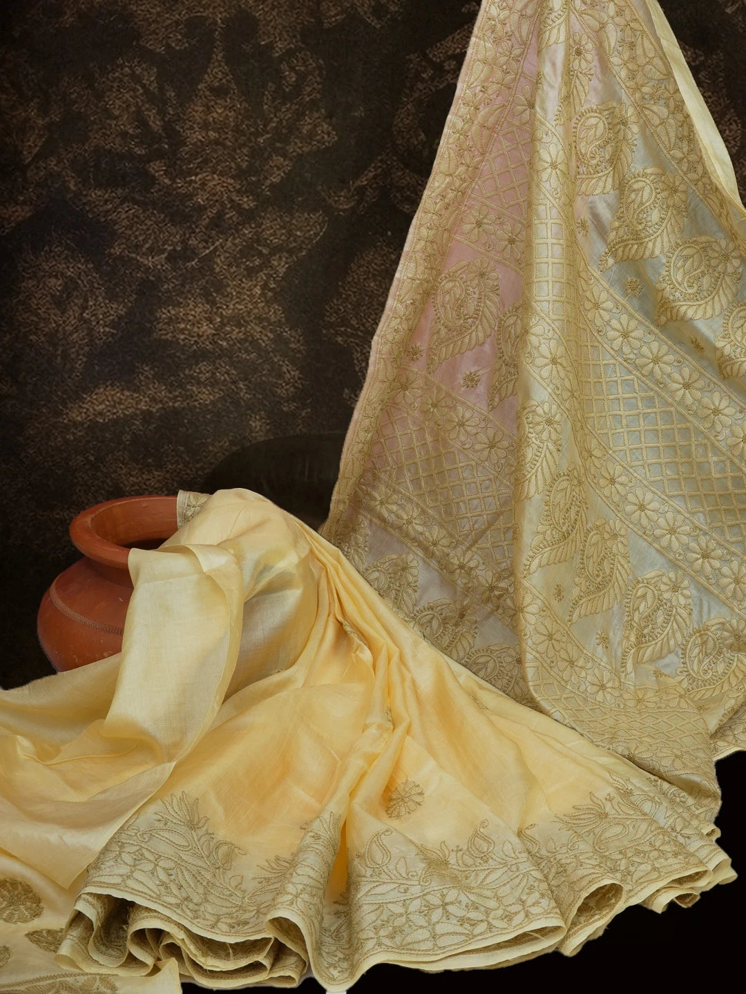 Ada Hand Embroidered Fawn Silk Lucknowi Chikankari Saree With Blouse 01A591732