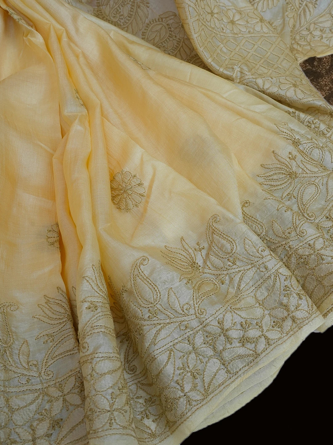 Ada Hand Embroidered Fawn Silk Lucknowi Chikankari Saree With Blouse 01A591732