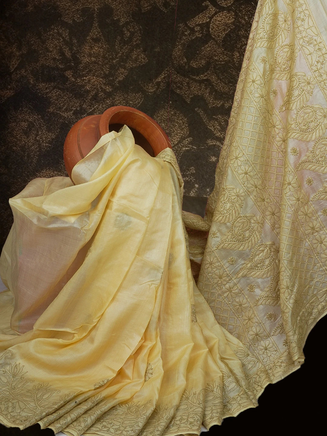 Ada Hand Embroidered Fawn Silk Lucknowi Chikankari Saree With Blouse 01A591732