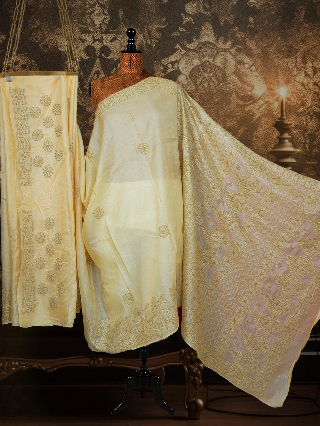 Ada Hand Embroidered Fawn Silk Lucknowi Chikankari Saree With Blouse 01A591732