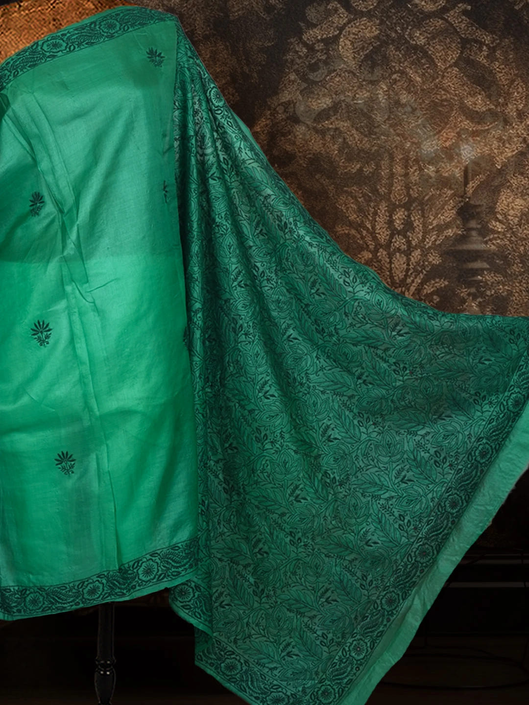 Ada Hand Embroidered Green Silk Lucknowi Chikankari Saree With Blouse 01A591613