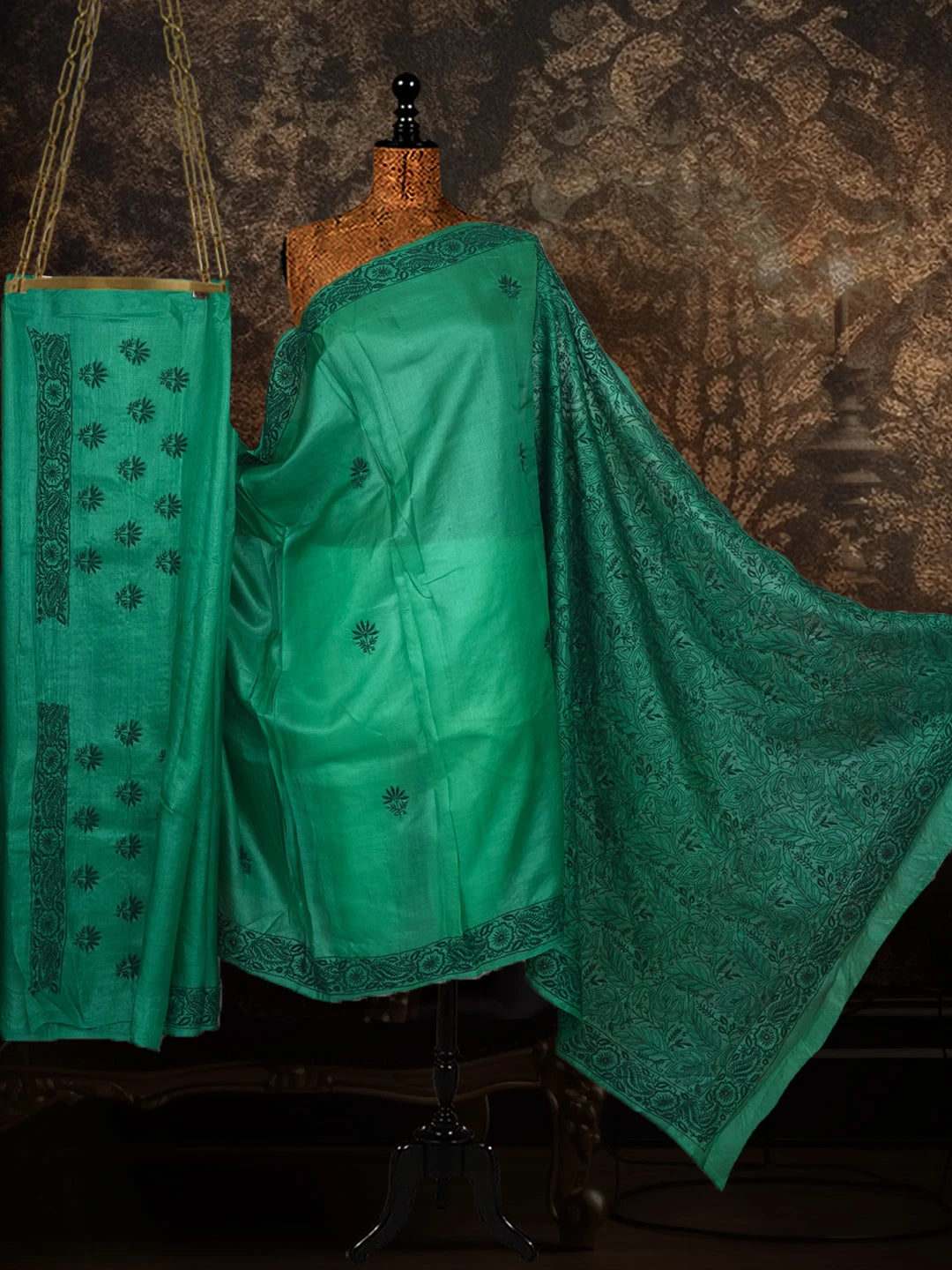 Ada Hand Embroidered Green Silk Lucknowi Chikankari Saree With Blouse 01A591613