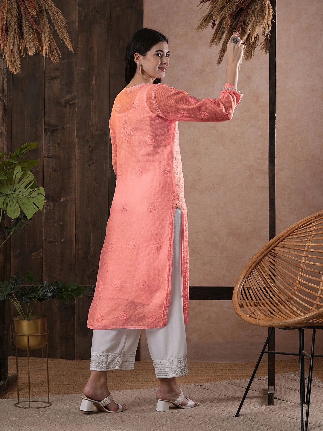 Ada Hand Embroidered Peach Kota Lucknowi Chikankari Straight Kurta With Slip A411212