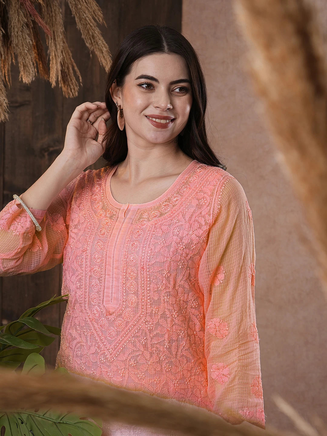 Ada Hand Embroidered Peach Kota Lucknowi Chikankari Straight Kurta With Slip A411212