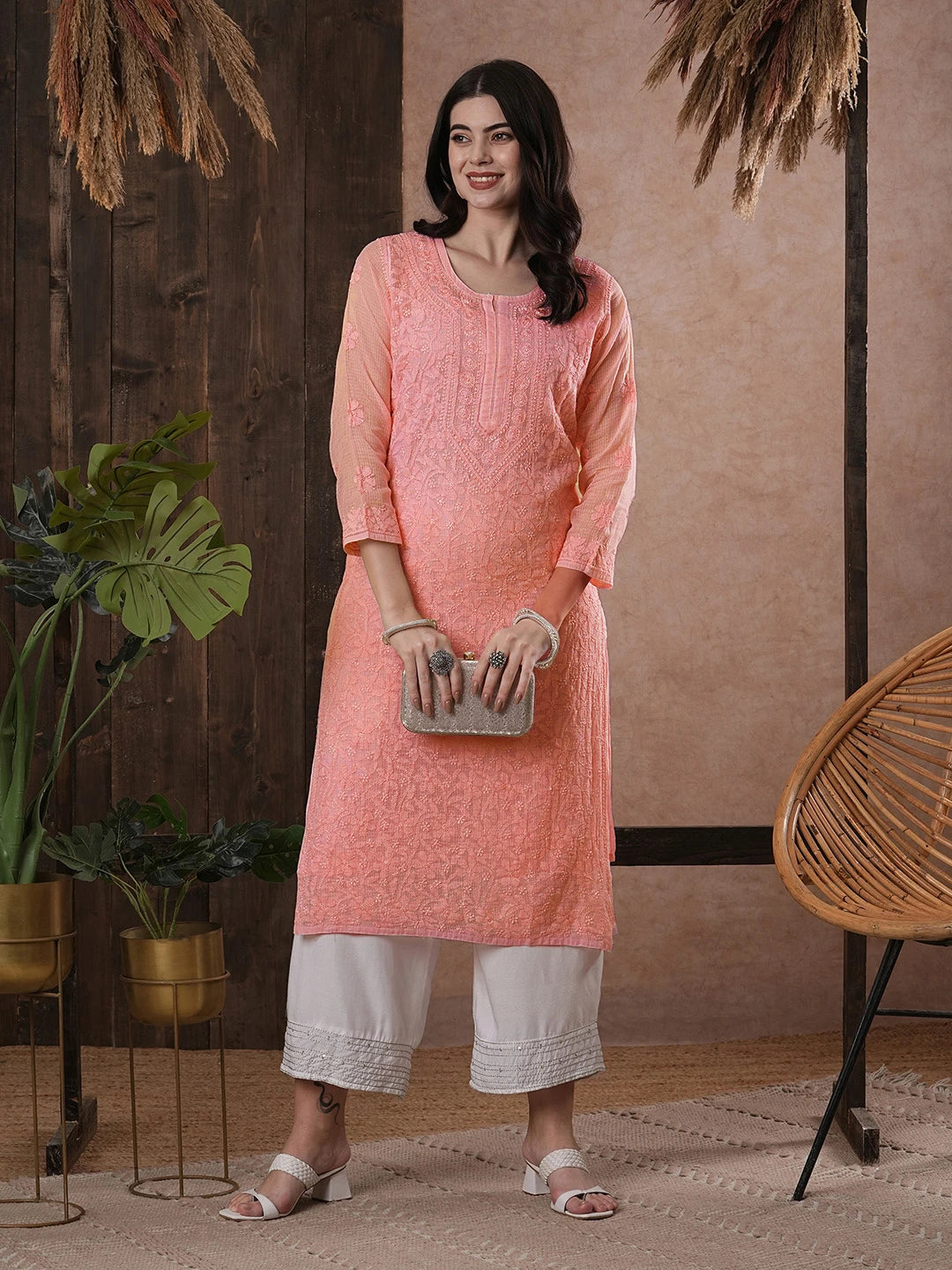 Ada Hand Embroidered Peach Kota Lucknowi Chikankari Straight Kurta With Slip A411212