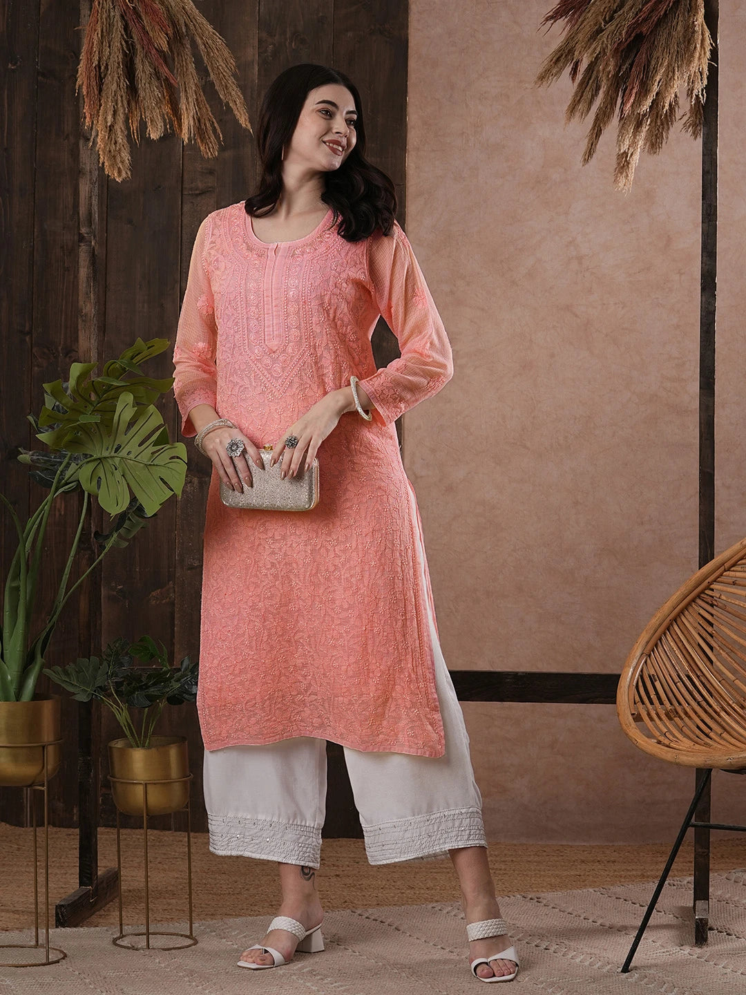 Ada Hand Embroidered Peach Kota Lucknowi Chikankari Straight Kurta With Slip A411212
