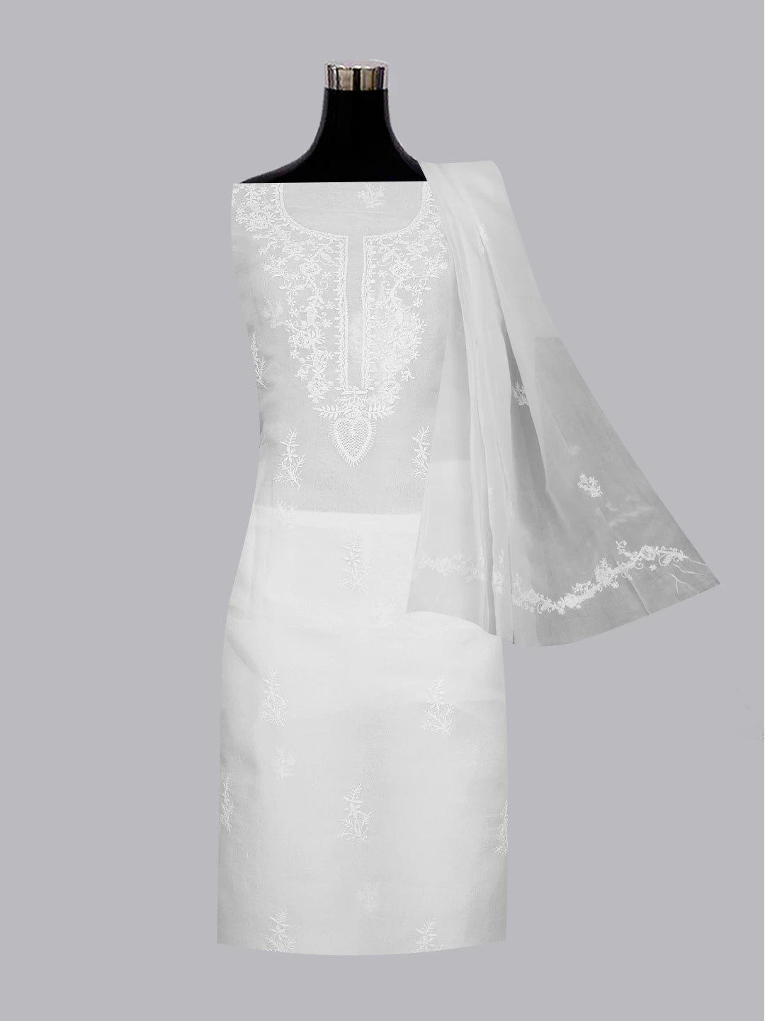 Ada Hand Embroidered White Organza Lucknowi Chikankari Unstitched Kurta Dupatta Set 01A590977