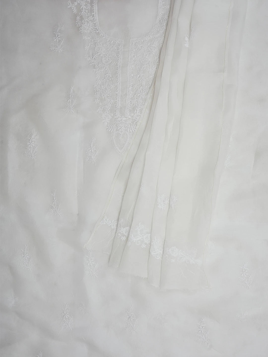 Ada Hand Embroidered White Organza Lucknowi Chikankari Unstitched Kurta Dupatta Set 01A590977