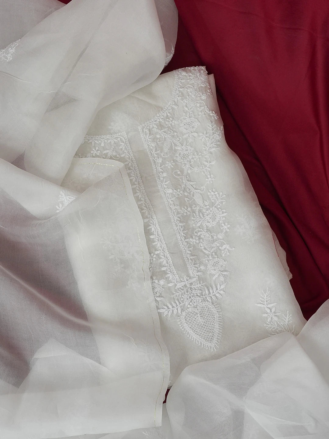 Ada Hand Embroidered White Organza Lucknowi Chikankari Unstitched Kurta Dupatta Set 01A590977