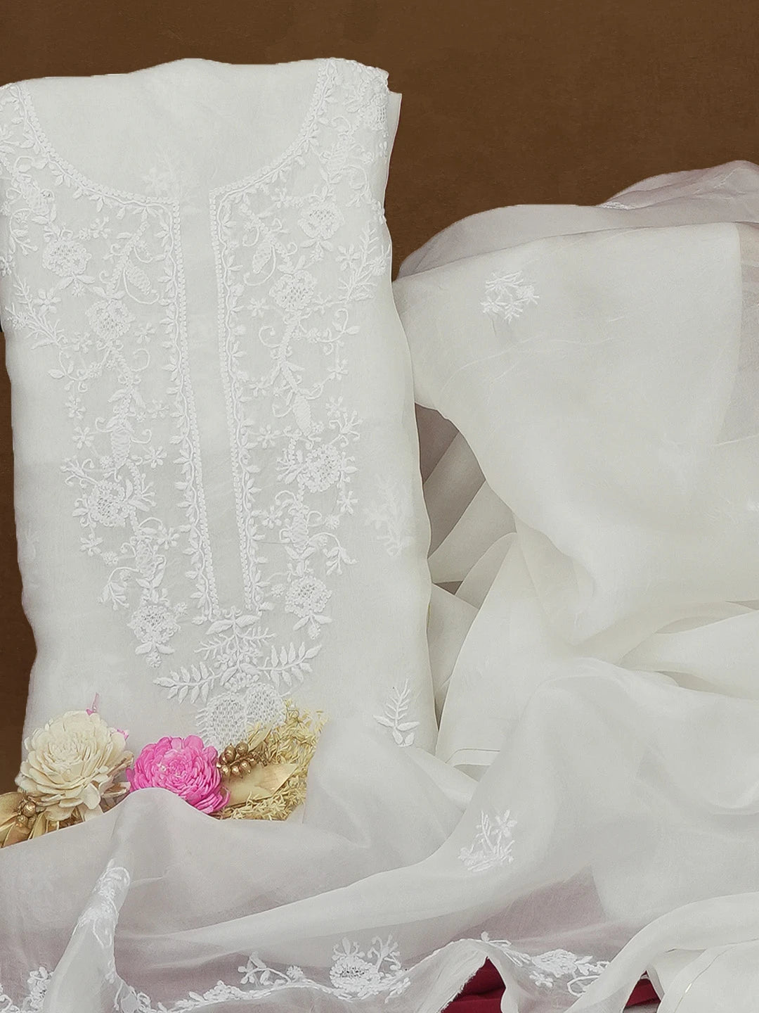 Ada Hand Embroidered White Organza Lucknowi Chikankari Unstitched Kurta Dupatta Set 01A590977