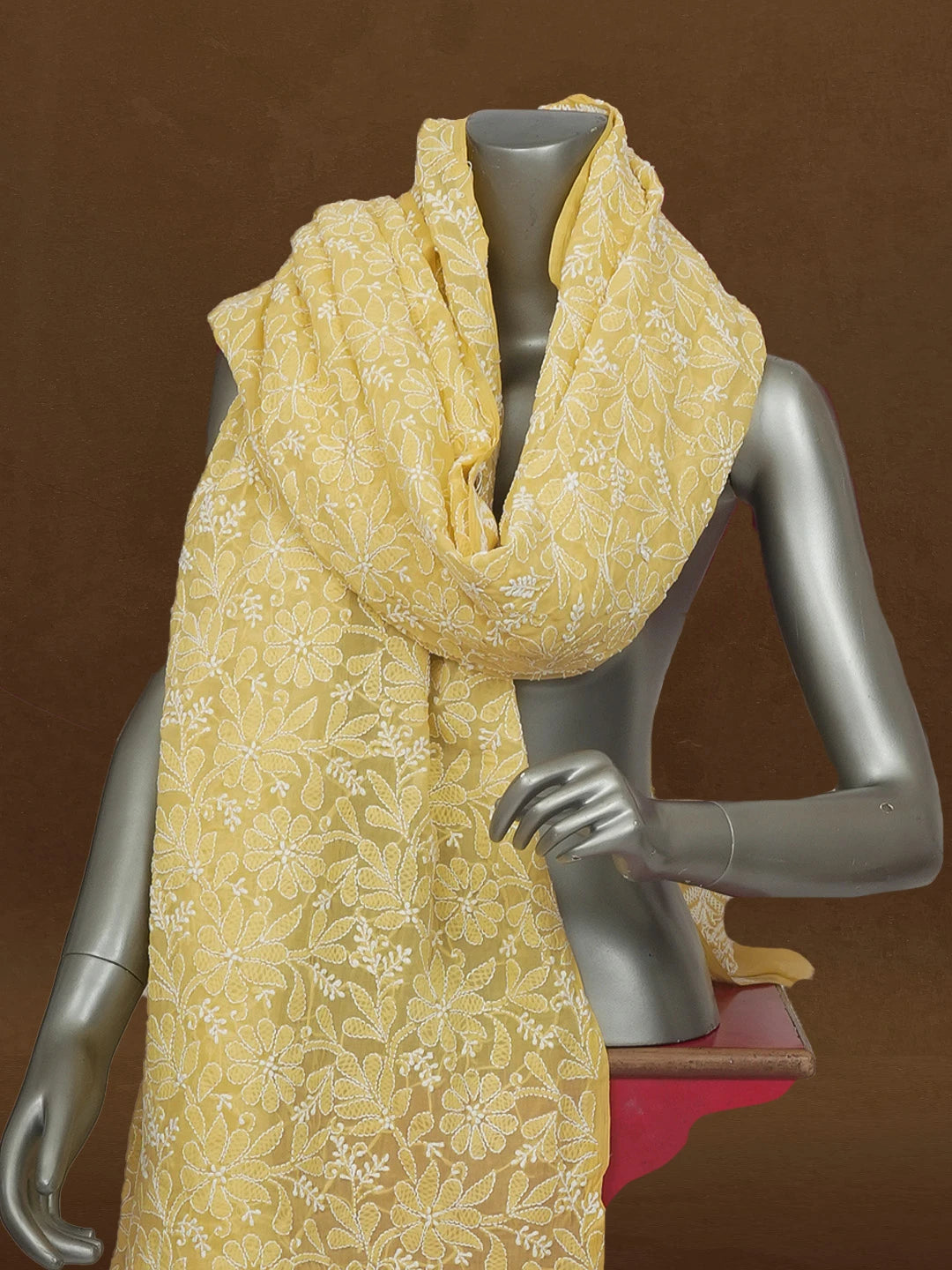 Ada Hand Embroidered Yellow Cotton Lucknowi Chikankari Dupatta 01A589459