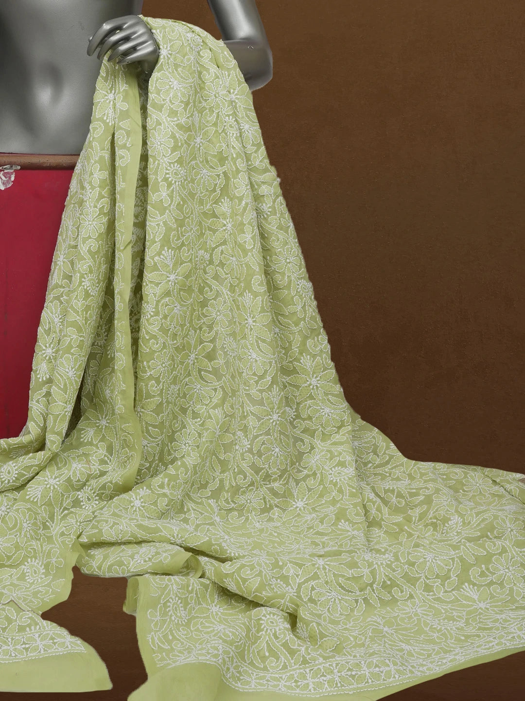 Ada Hand Embroidered Olivine Green Cotton Lucknowi Chikankari Dupatta 01A589453