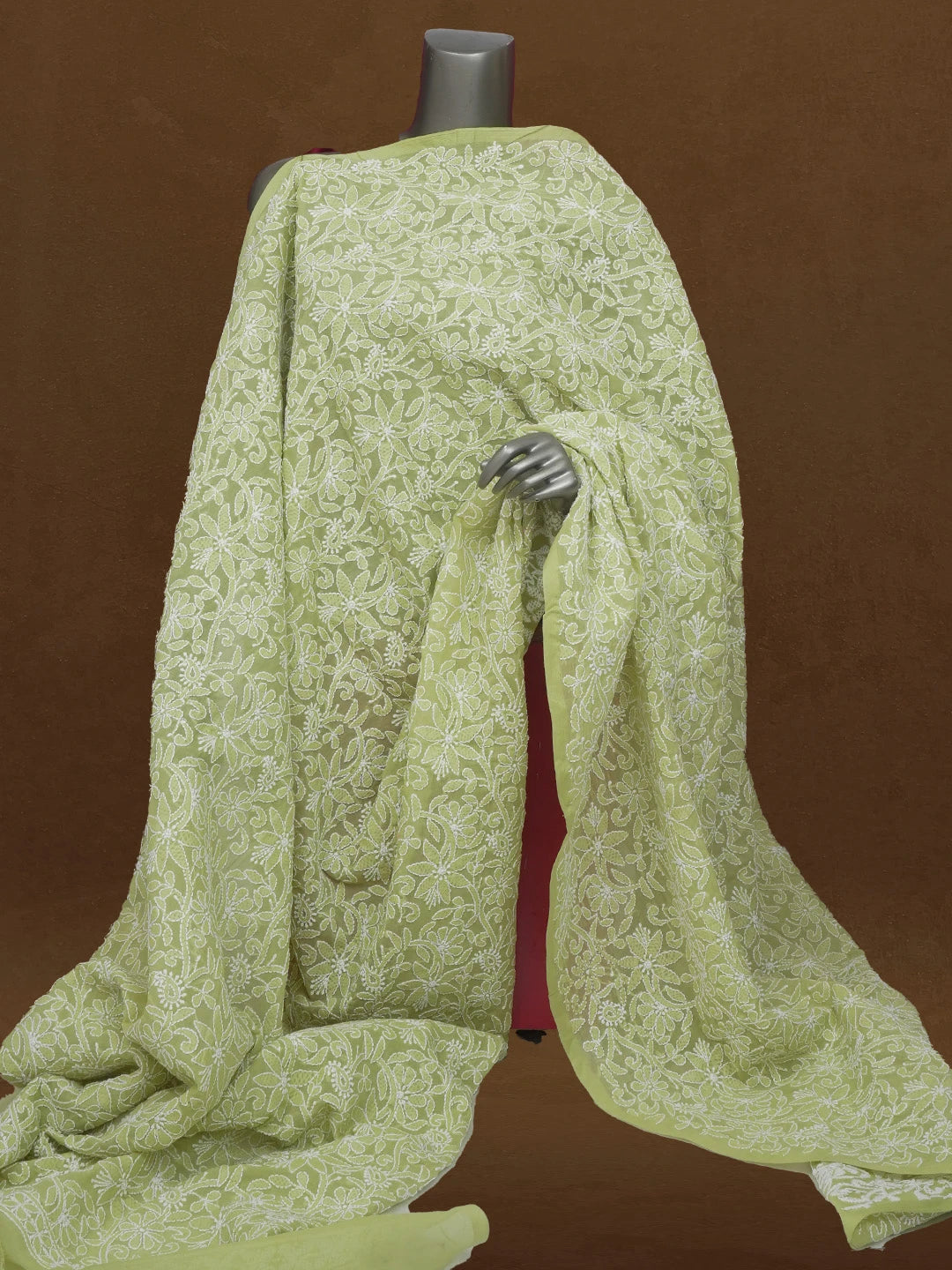 Ada Hand Embroidered Olivine Green Cotton Lucknowi Chikankari Dupatta 01A589453