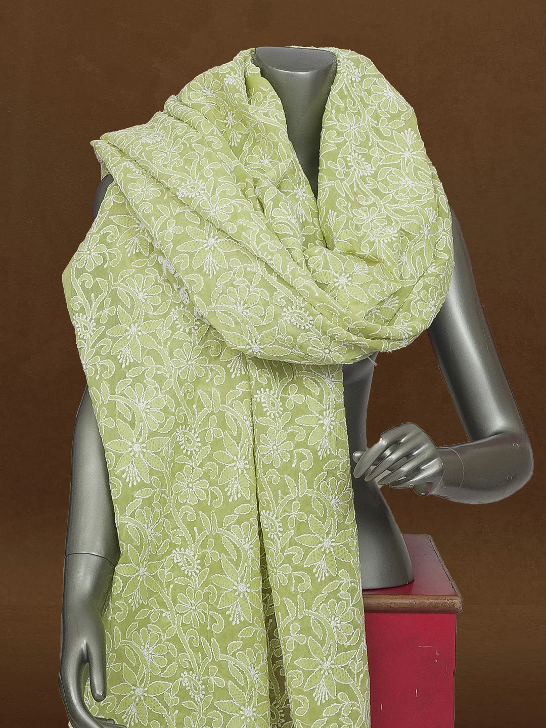Ada Hand Embroidered Olivine Green Cotton Lucknowi Chikankari Dupatta 01A589453
