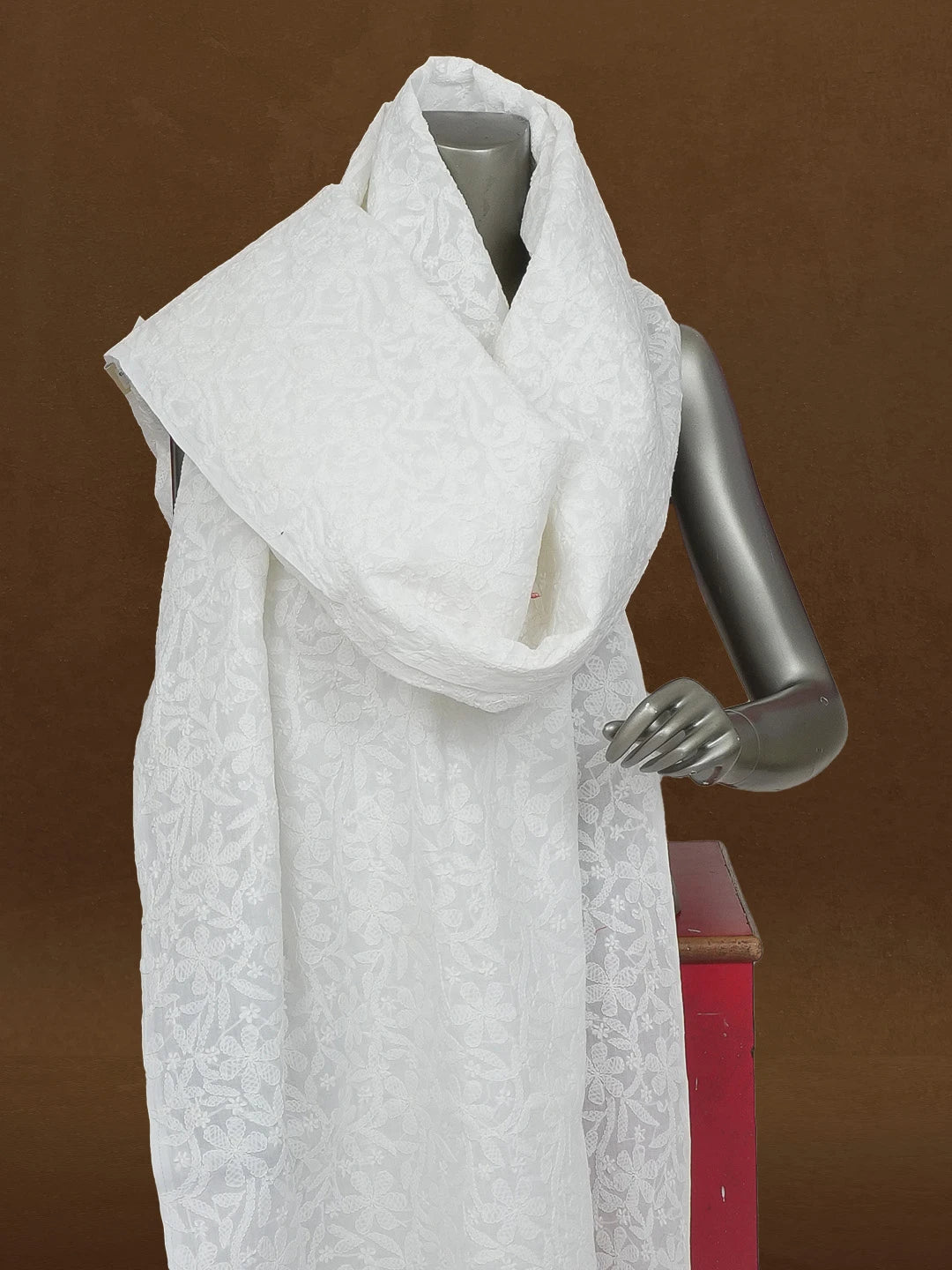 Ada Hand Embroidered White Cotton Lucknowi Chikankari Dupatta 01A589443