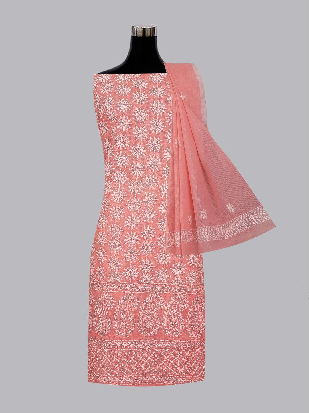 Ada Hand Embroidered Pink Kota Lucknowi Chikankari Unstitched Kurta Dupatta Set 01A590878