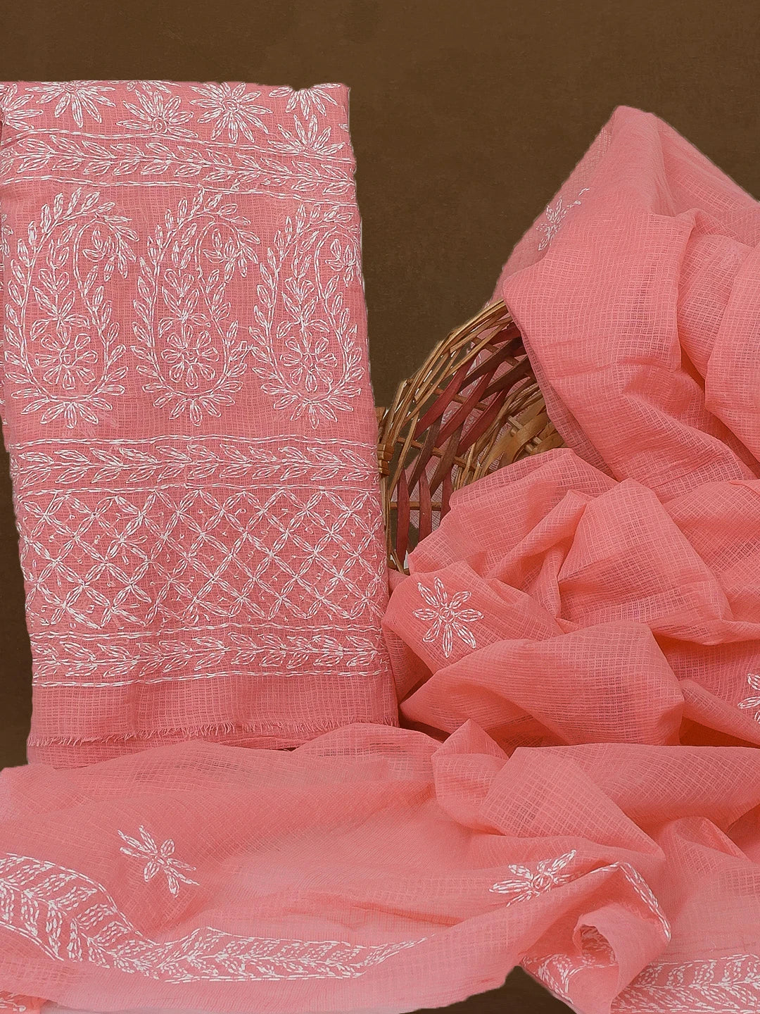 Ada Hand Embroidered Pink Kota Lucknowi Chikankari Unstitched Kurta Dupatta Set 01A590878