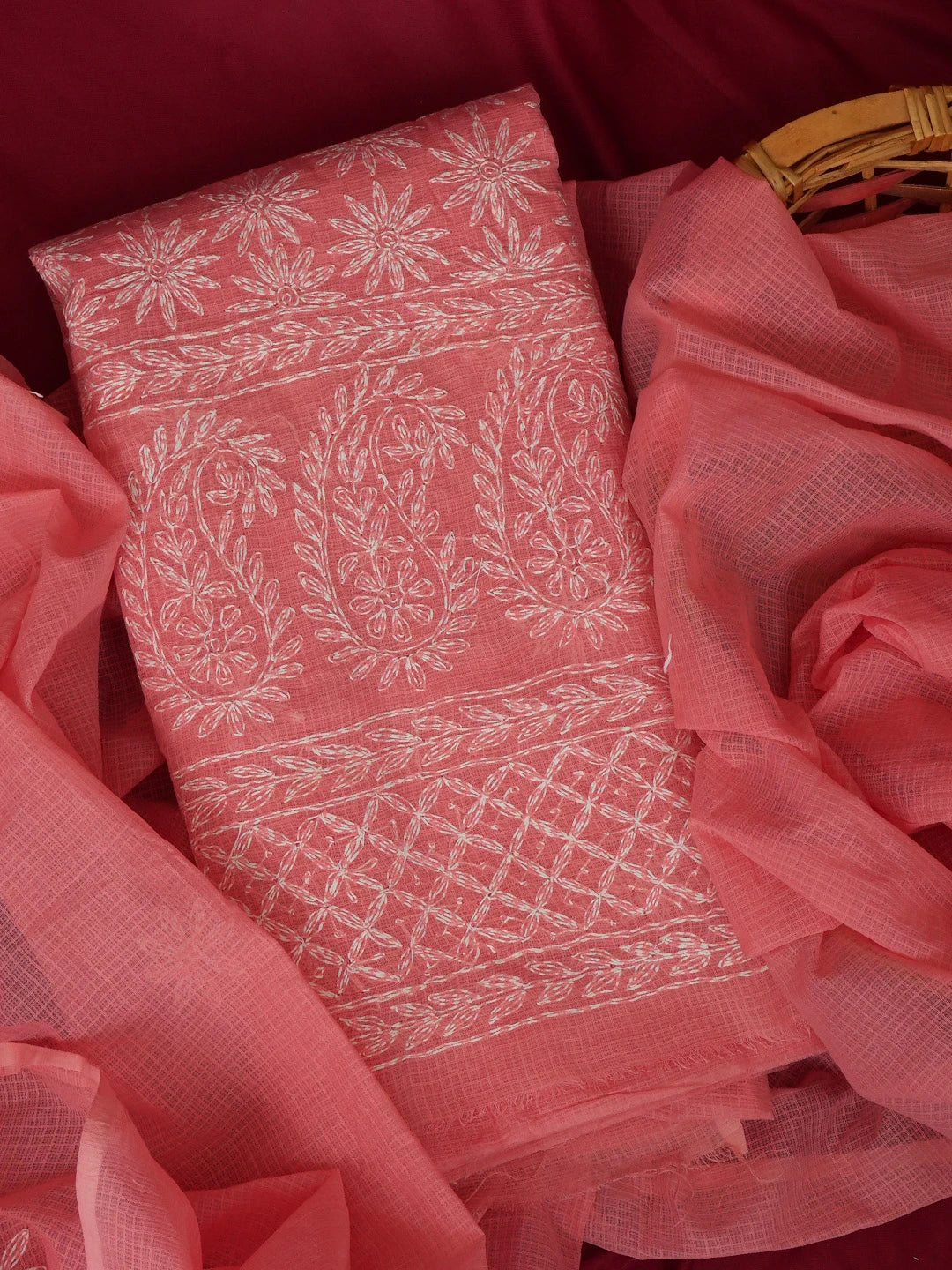 Ada Hand Embroidered Pink Kota Lucknowi Chikankari Unstitched Kurta Dupatta Set 01A590878