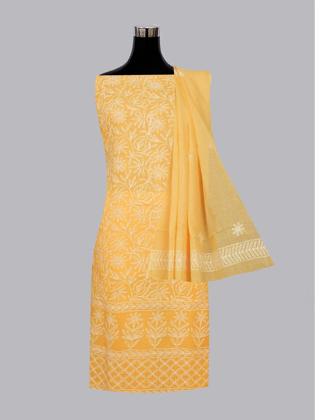 Ada Hand Embroidered Mustard Kota Lucknowi Chikankari Unstitched Kurta Dupatta Set 01A590824
