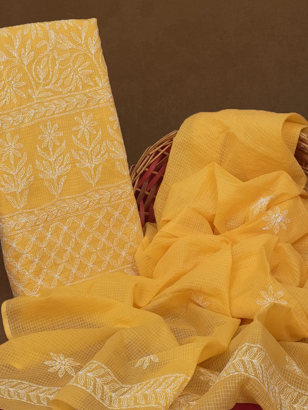 Ada Hand Embroidered Mustard Kota Lucknowi Chikankari Unstitched Kurta Dupatta Set 01A590824