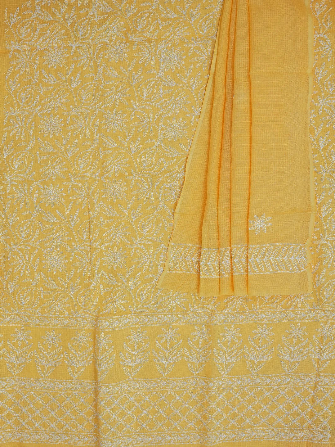 Ada Hand Embroidered Mustard Kota Lucknowi Chikankari Unstitched Kurta Dupatta Set 01A590824