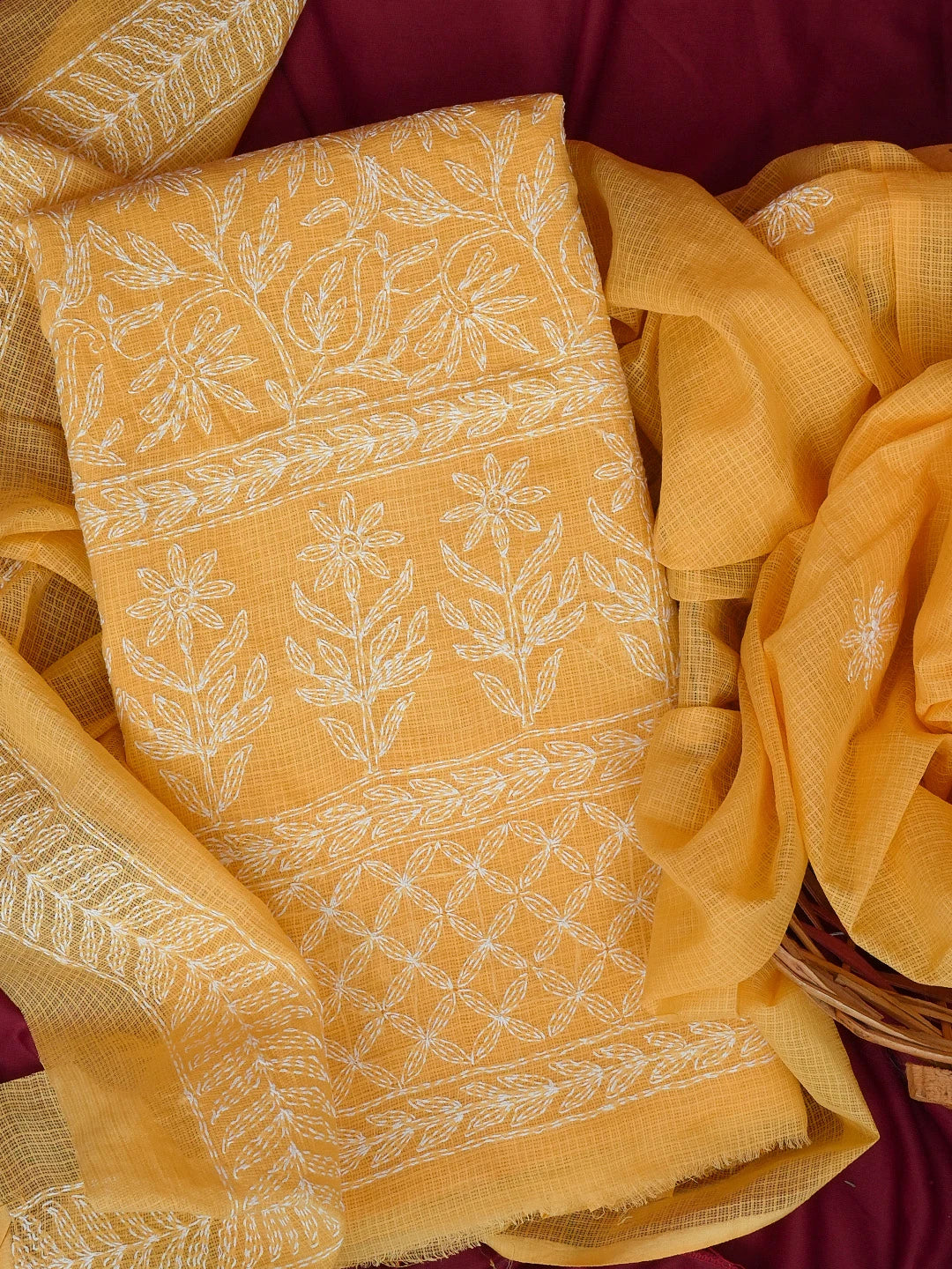 Ada Hand Embroidered Mustard Kota Lucknowi Chikankari Unstitched Kurta Dupatta Set 01A590824
