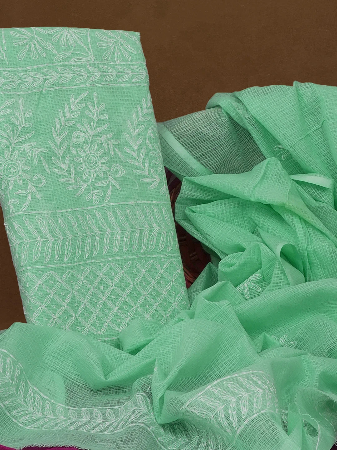 Ada Hand Embroidered Sea Green Kota Lucknowi Chikankari Unstitched Kurta Dupatta Set 01A590889