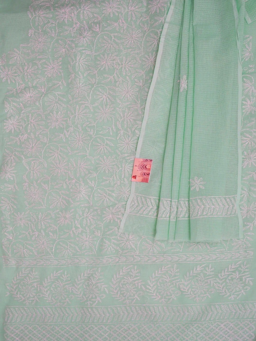 Ada Hand Embroidered Sea Green Kota Lucknowi Chikankari Unstitched Kurta Dupatta Set 01A590889