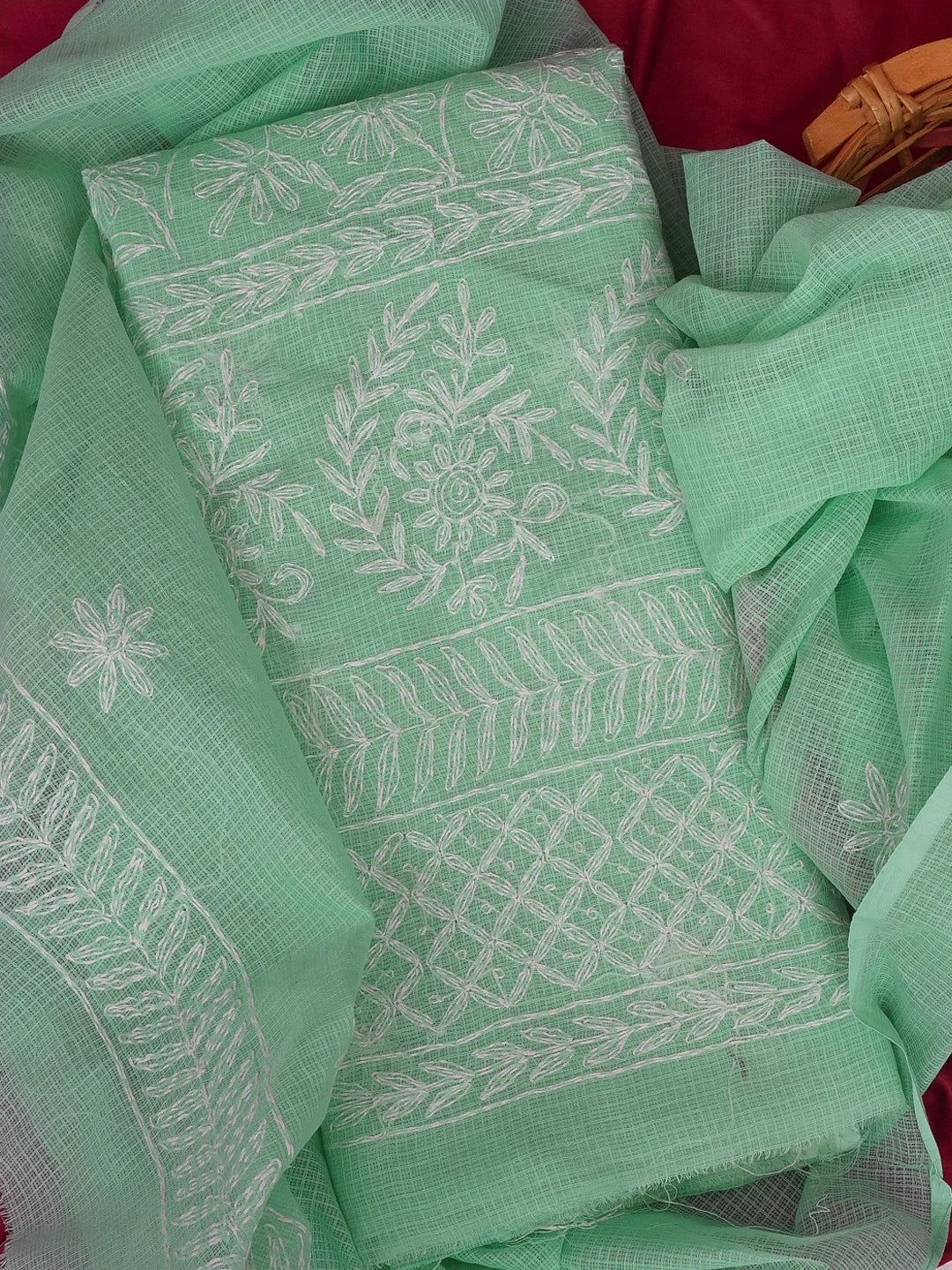 Ada Hand Embroidered Sea Green Kota Lucknowi Chikankari Unstitched Kurta Dupatta Set 01A590889