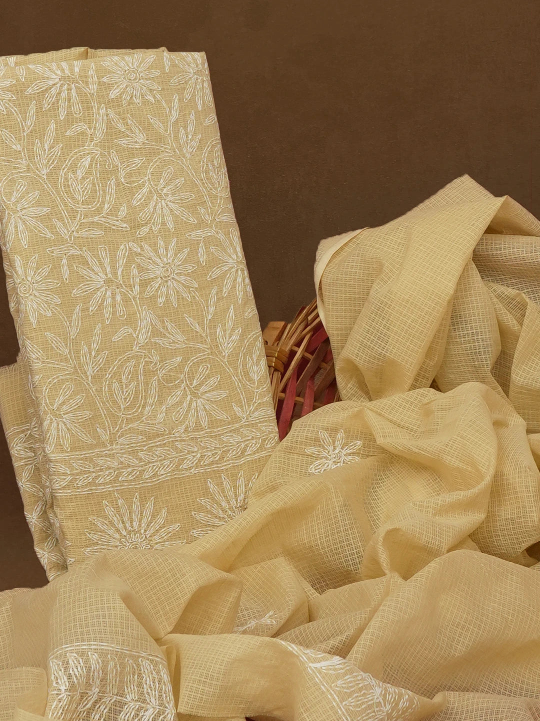 Ada Hand Embroidered Fawn Kota Lucknowi Chikankari Unstitched Kurta Dupatta Set 01A590809