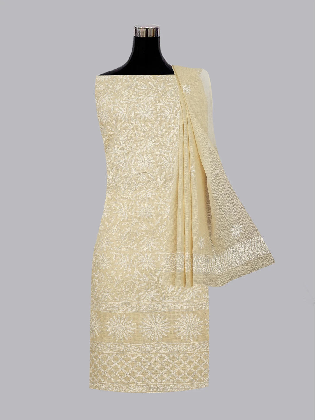 Ada Hand Embroidered Fawn Kota Lucknowi Chikankari Unstitched Kurta Dupatta Set 01A590809