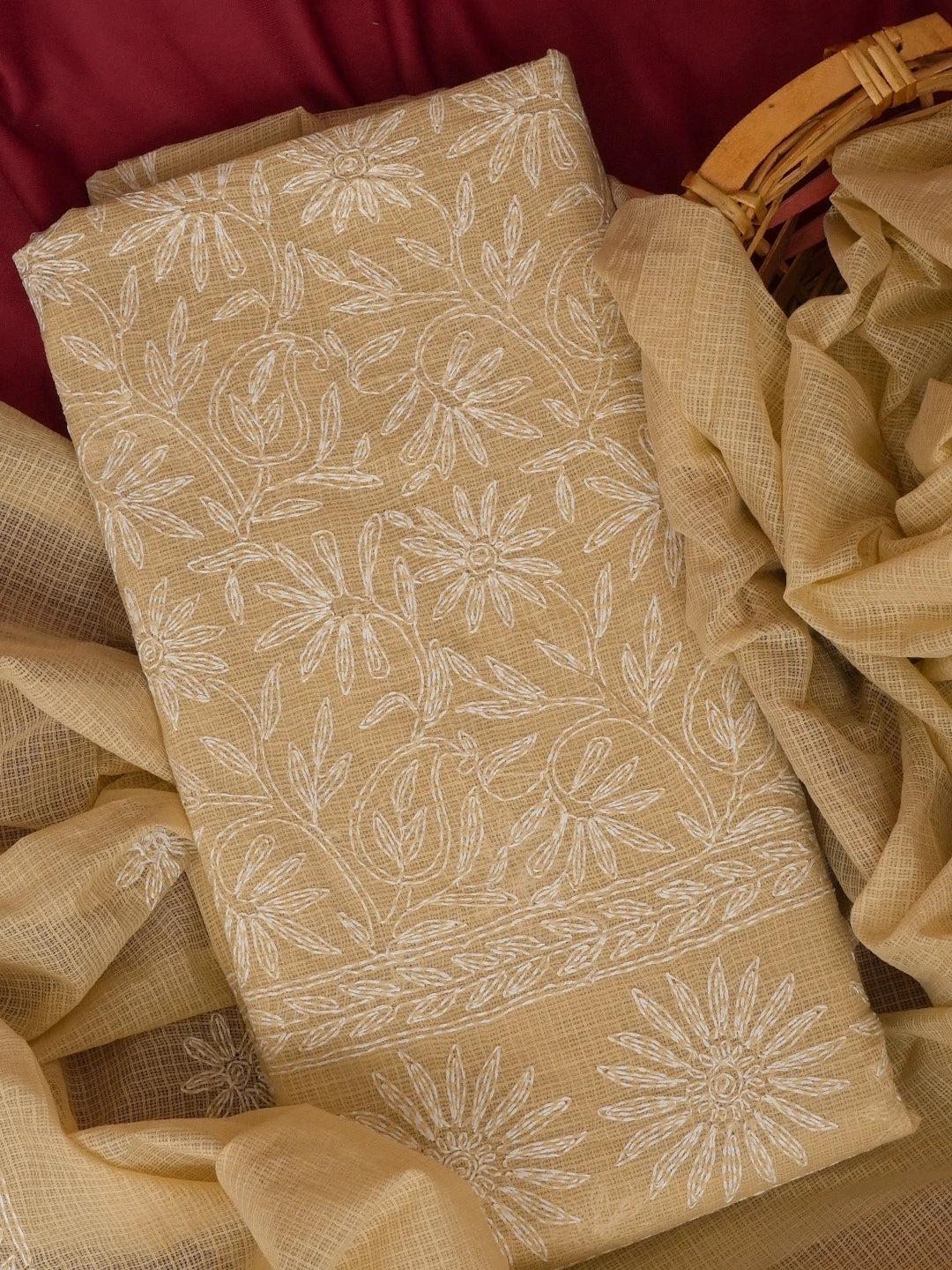 Ada Hand Embroidered Fawn Kota Lucknowi Chikankari Unstitched Kurta Dupatta Set 01A590809