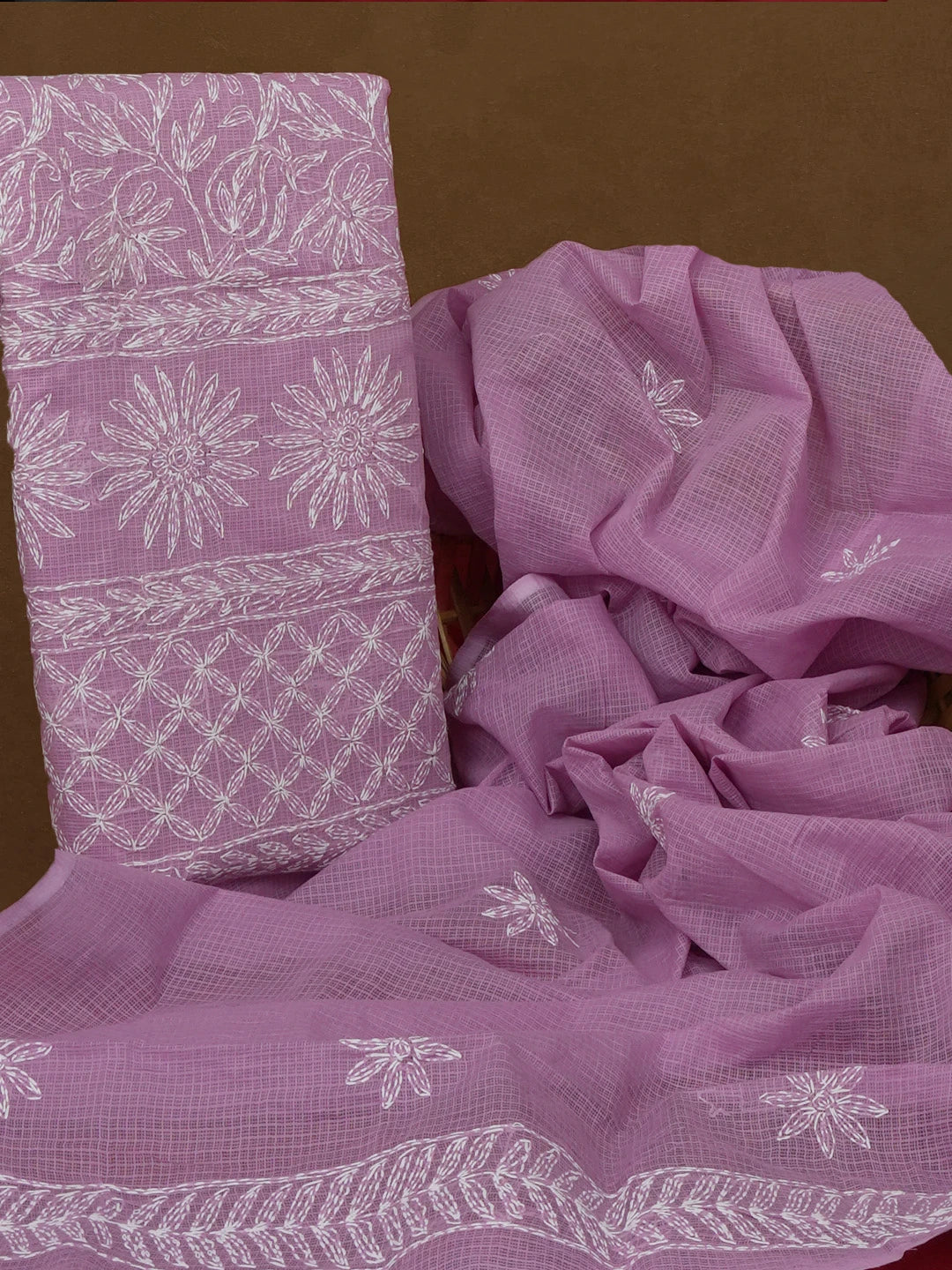 Ada Hand Embroidered Mauve Kota Lucknowi Chikankari Unstitched Kurta Dupatta Set 01A590886