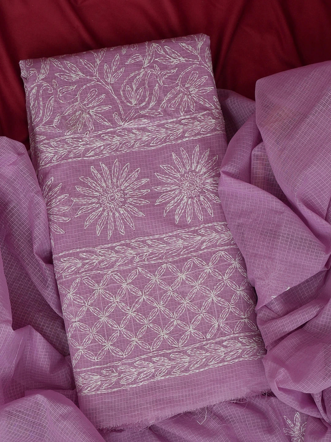 Ada Hand Embroidered Mauve Kota Lucknowi Chikankari Unstitched Kurta Dupatta Set 01A590886