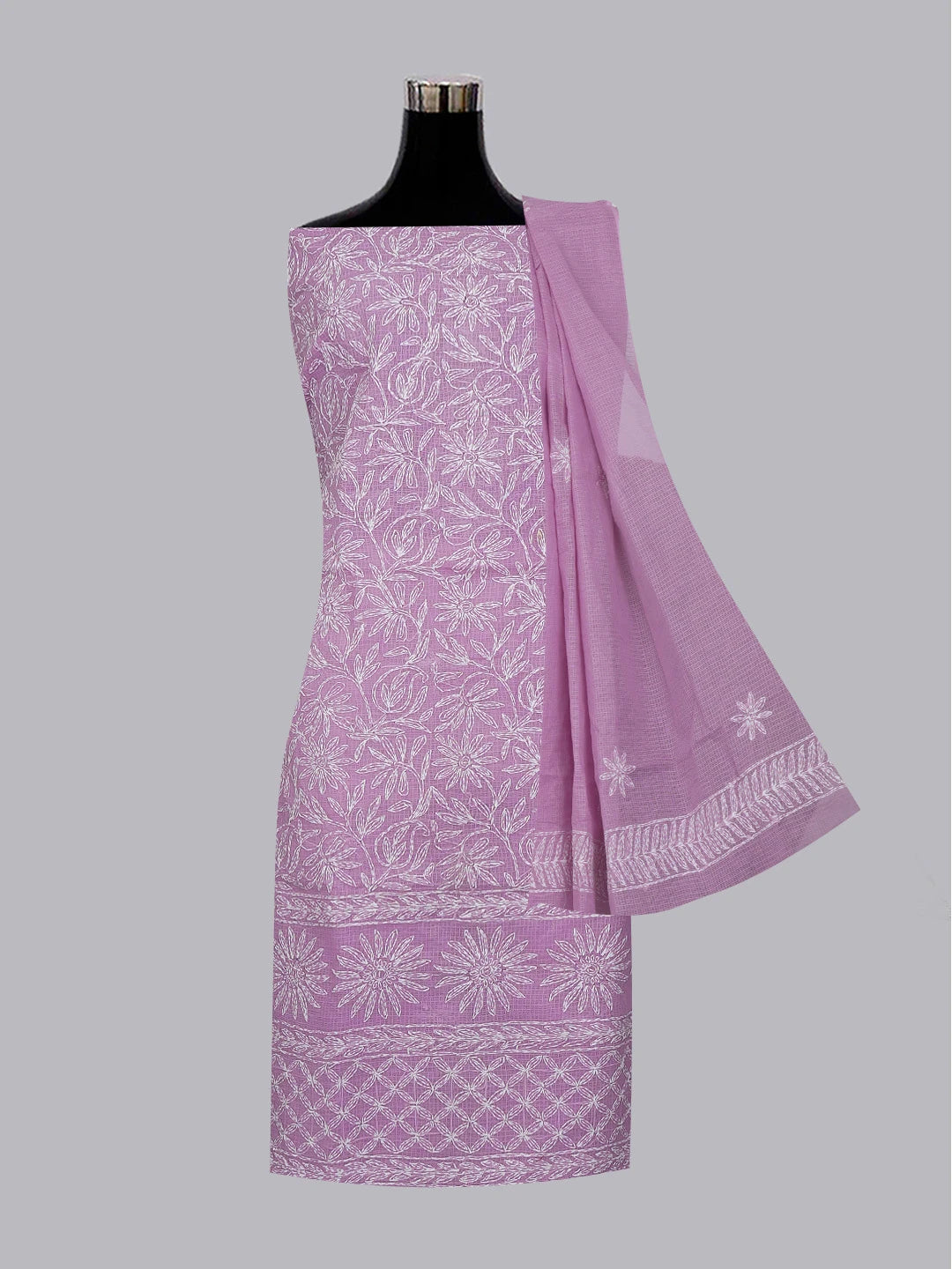 Ada Hand Embroidered Mauve Kota Lucknowi Chikankari Unstitched Kurta Dupatta Set 01A590886
