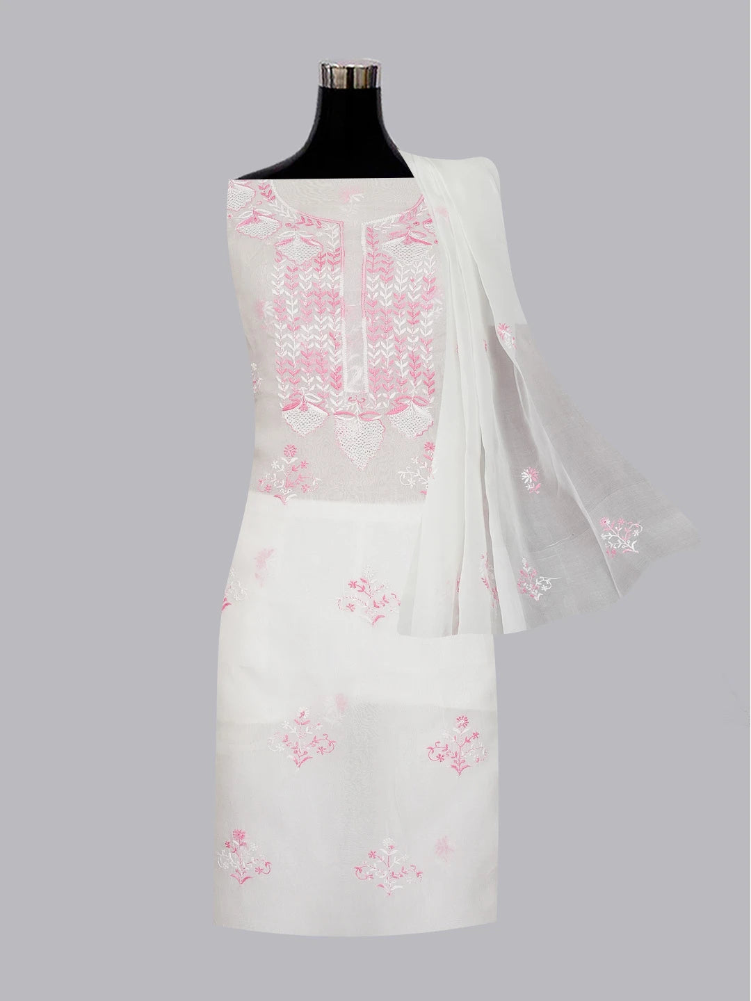 Ada Hand Embroidered White Organza Lucknowi Chikankari Unstitched Kurta Dupatta Set 01A590978