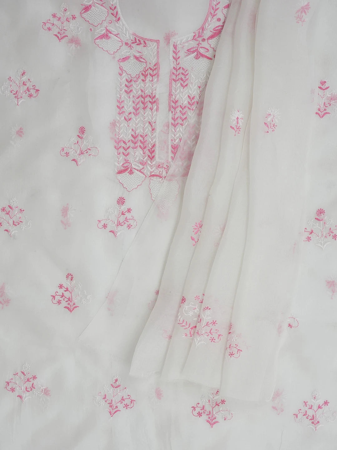 Ada Hand Embroidered White Organza Lucknowi Chikankari Unstitched Kurta Dupatta Set 01A590978