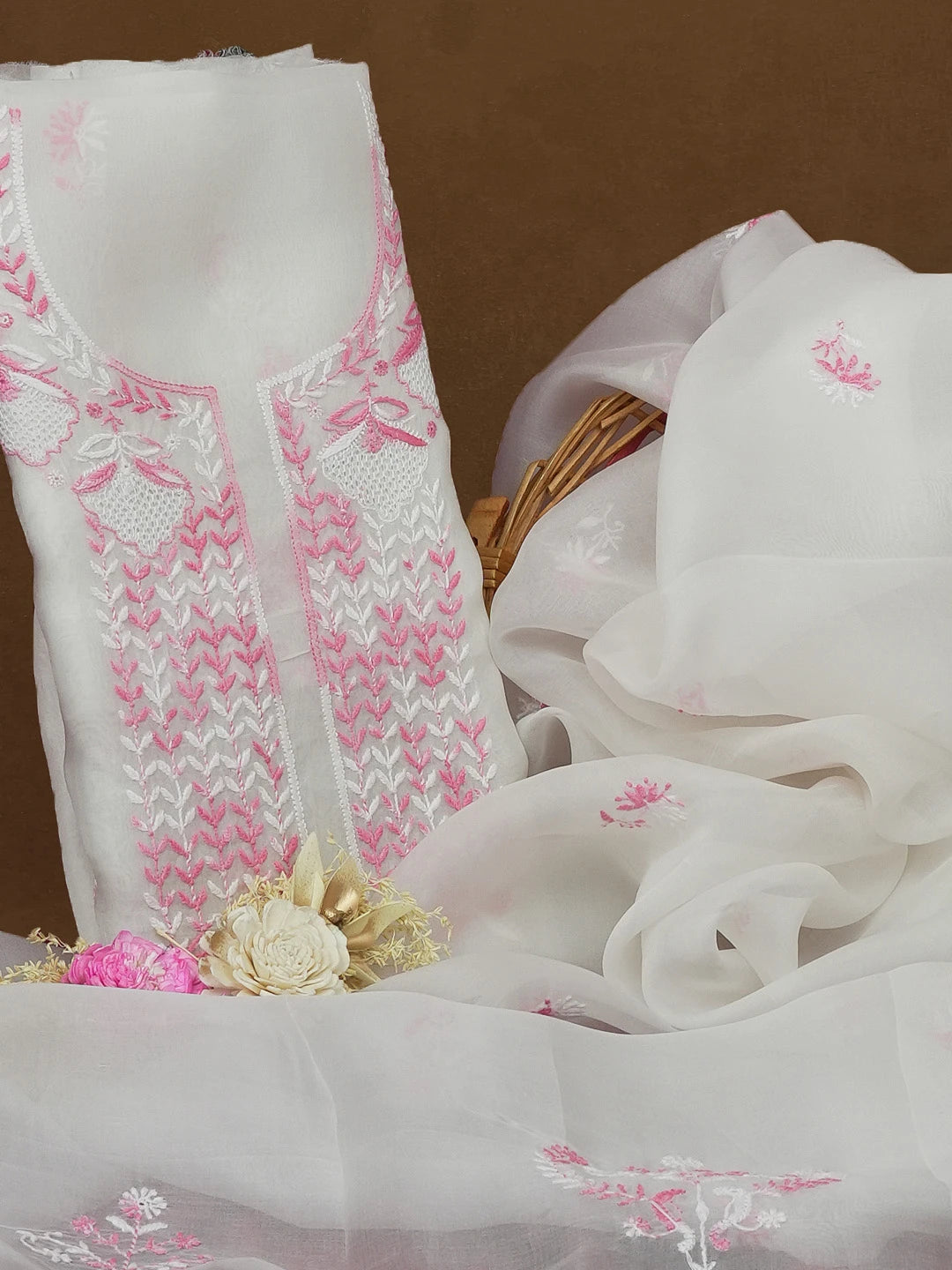 Ada Hand Embroidered White Organza Lucknowi Chikankari Unstitched Kurta Dupatta Set 01A590978