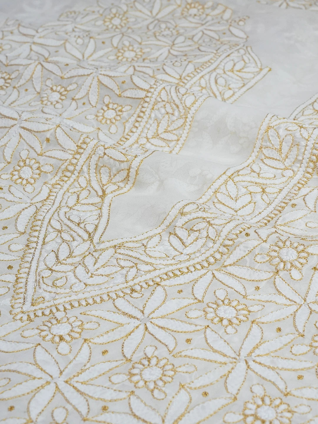 Ada Hand Embroidered White Pure Georgette Lucknowi Chikankari Unstitched Men's Kurta Piece With Zari Work 01A312654