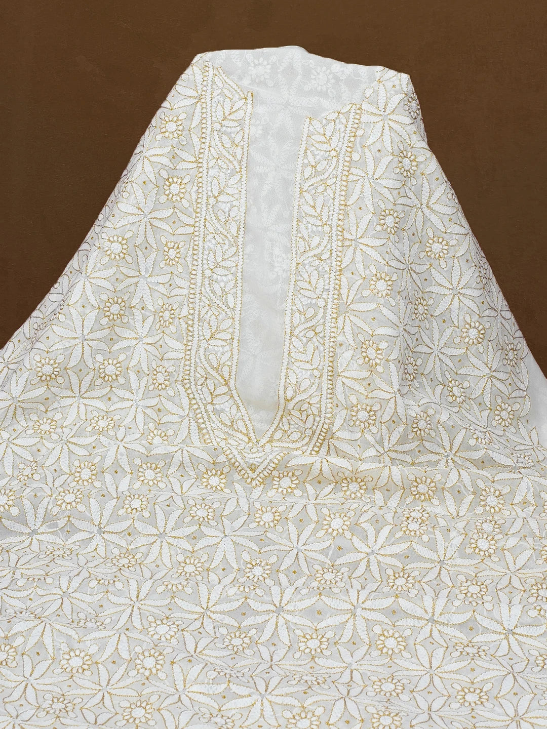 Ada Hand Embroidered White Pure Georgette Lucknowi Chikankari Unstitched Men's Kurta Piece With Zari Work 01A312654