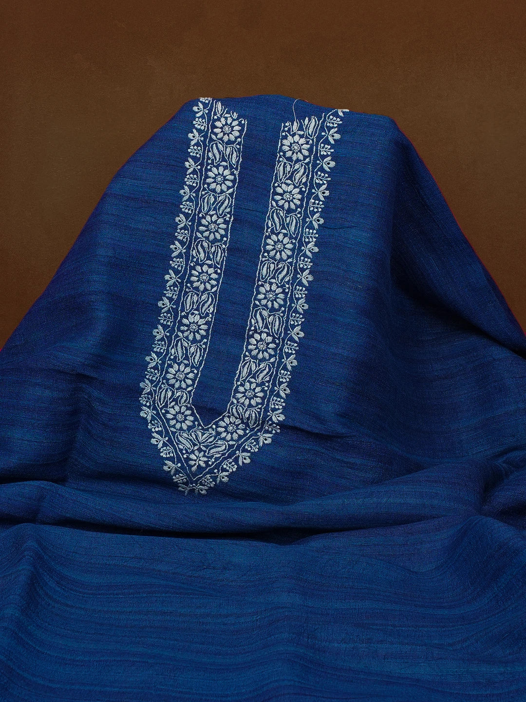 Ada Hand Embroidered Royal Blue Khadi Silk Lucknowi Chikankari Unstitched Men's Kurta Piece 01A584609