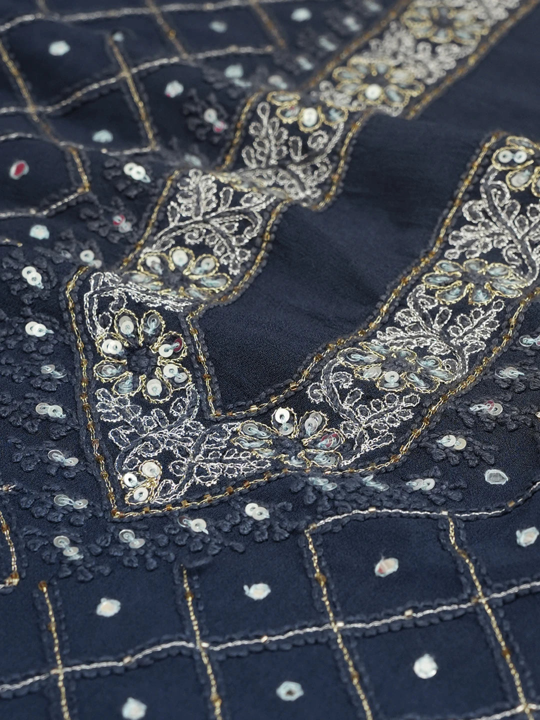 Ada Hand Embroidered Navy Blue Viscose Georgette Lucknowi Chikankari Unstitched Men's Kurta Piece With Sequinned and Zari Work 01A336453
