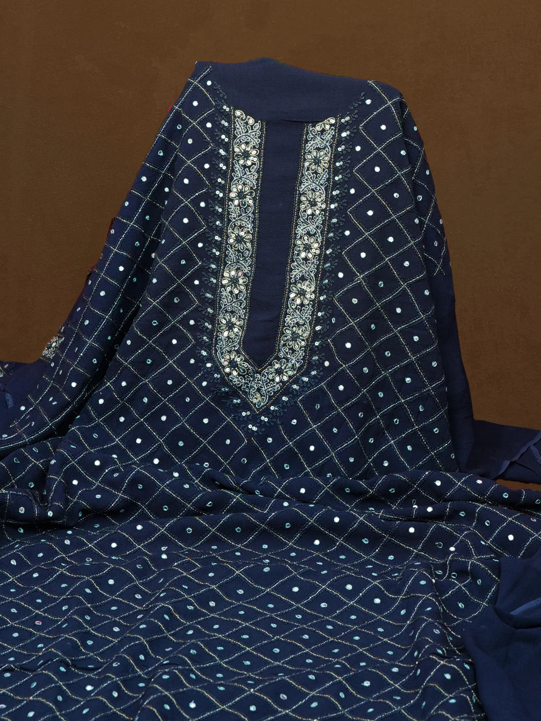 Ada Hand Embroidered Navy Blue Viscose Georgette Lucknowi Chikankari Unstitched Men's Kurta Piece With Sequinned and Zari Work 01A336453