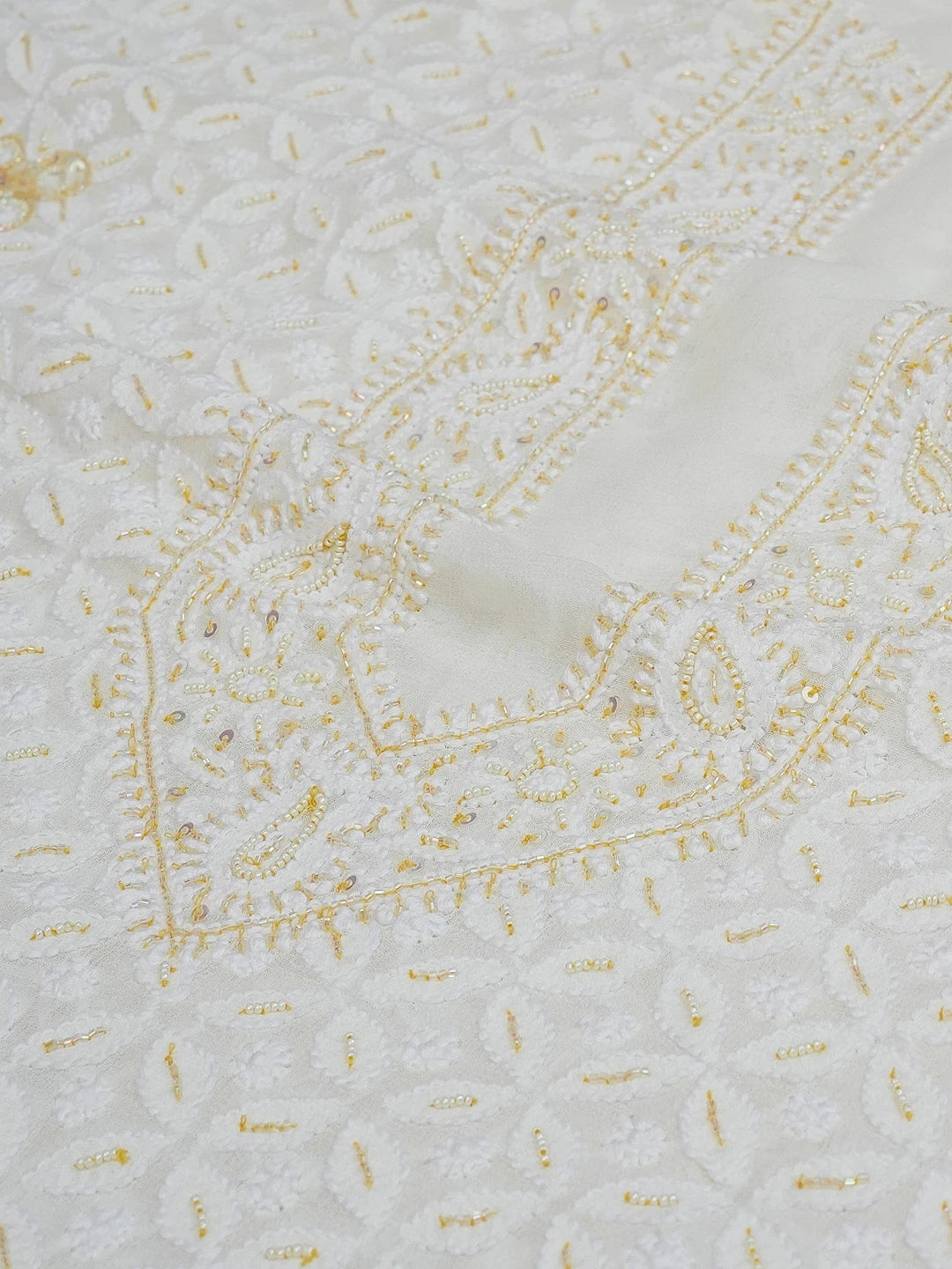 Ada Hand Embroidered White Pure Georgette Lucknowi Chikankari Unstitched Men's Kurta Piece with Pearl and Cutdana Work 01A519123