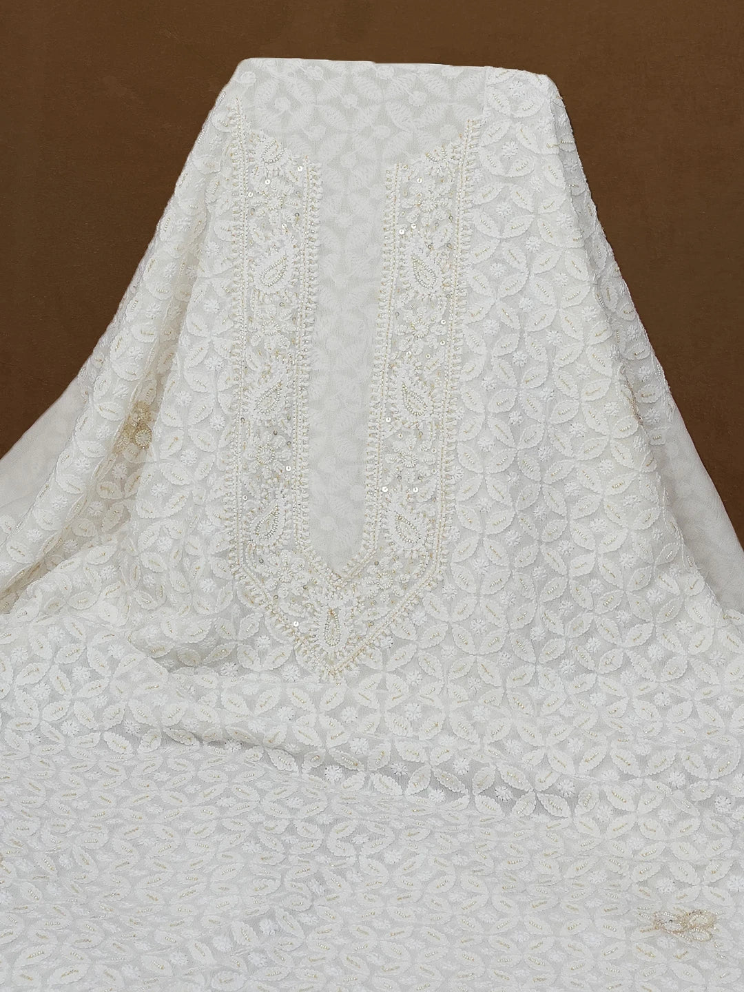 Ada Hand Embroidered White Pure Georgette Lucknowi Chikankari Unstitched Men's Kurta Piece with Pearl and Cutdana Work 01A519123