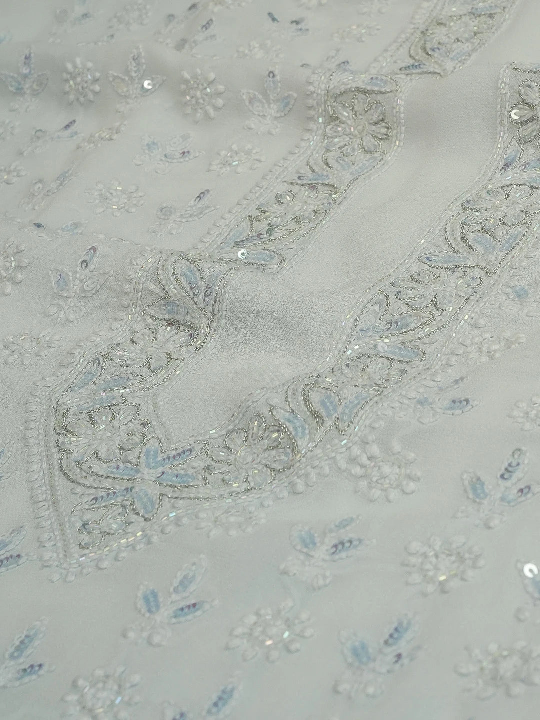 Ada Hand Embroiderede Light Blue Viscose Georgette Lucknowi Chikankari Unstitched Men's Kurta Piece With Sequinned and Zari Work 01A532088