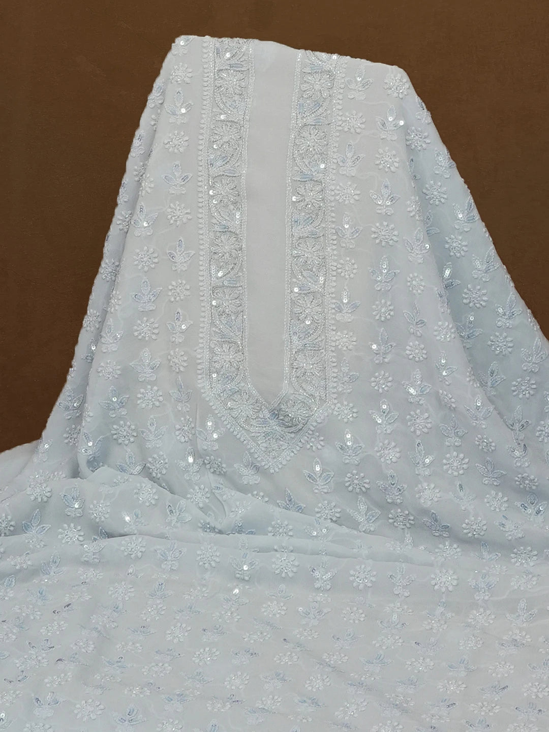Ada Hand Embroiderede Light Blue Viscose Georgette Lucknowi Chikankari Unstitched Men's Kurta Piece With Sequinned and Zari Work 01A532088