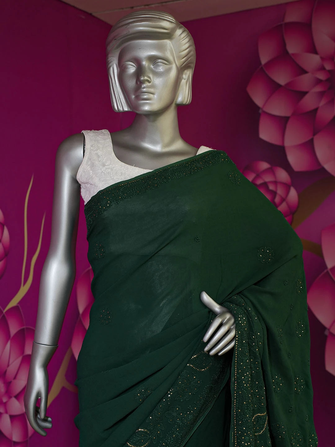 Ada Hand Embroidered Bottle Green Viscose Georgette Lucknowi Chikankari Saree With Blouse And Muqaish Work 01A382733