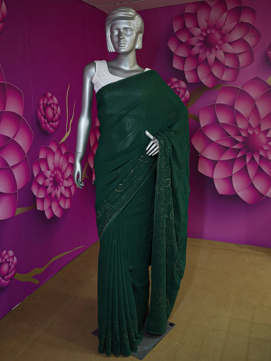 Ada Hand Embroidered Bottle Green Viscose Georgette Lucknowi Chikankari Saree With Blouse And Muqaish Work 01A382733
